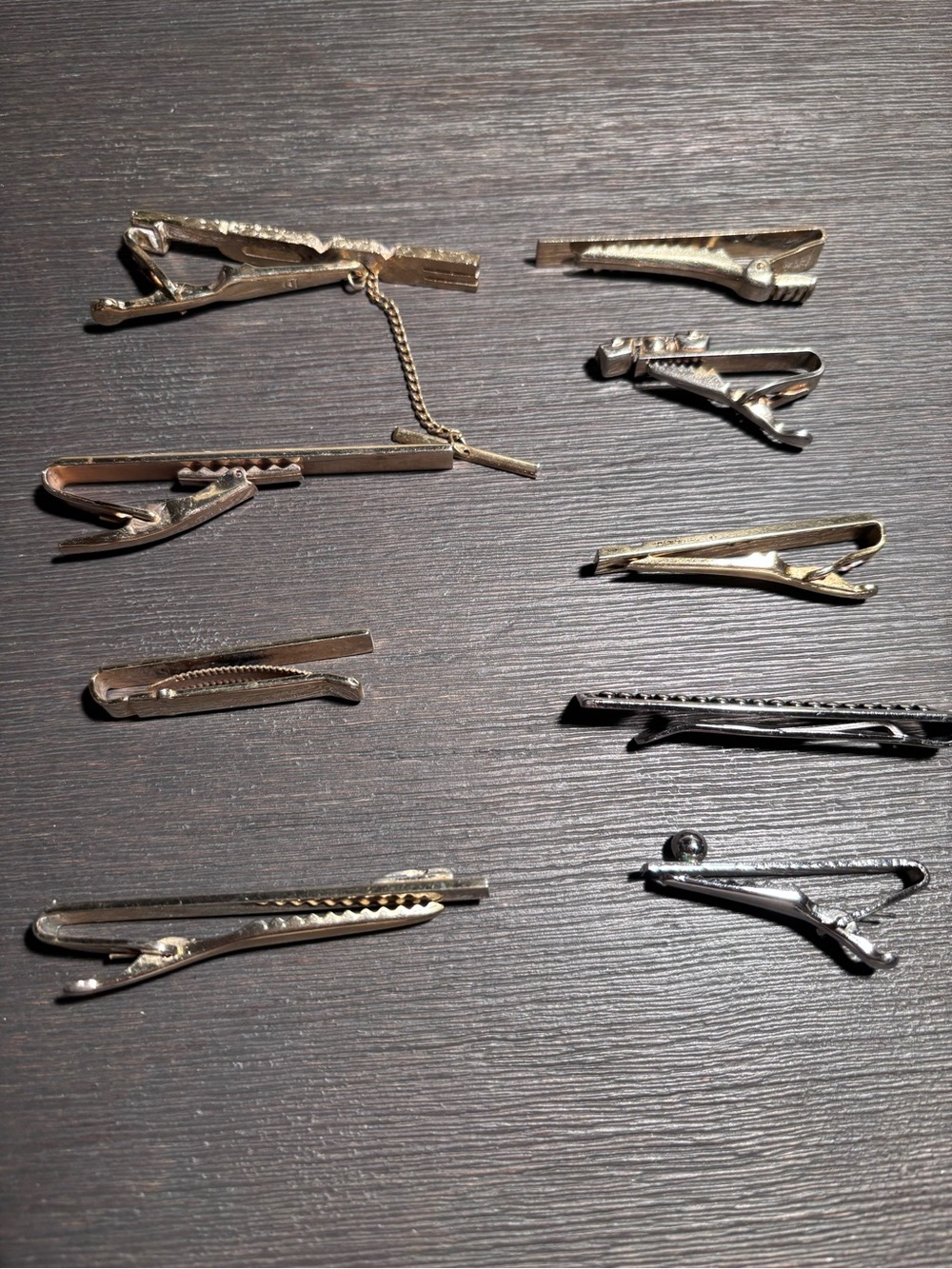 Lot of 9 Vintage Tie Clips Swank Silver Tone Anson Gold Tone Mid Century